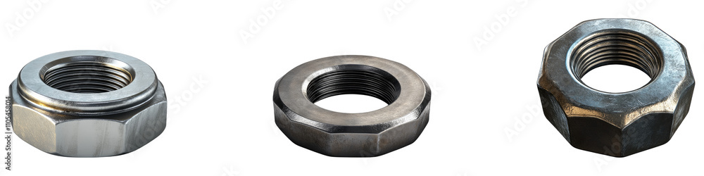 Metal nut isolated on transparent background, Set of Metal nut isolated on transparent background, Set of