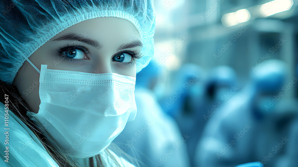 Close-up of a female surgeon wearing a surgical mask and cap, in a medical setting. Close-up of a female surgeon wearing a surgical mask and cap, in a medical setting.