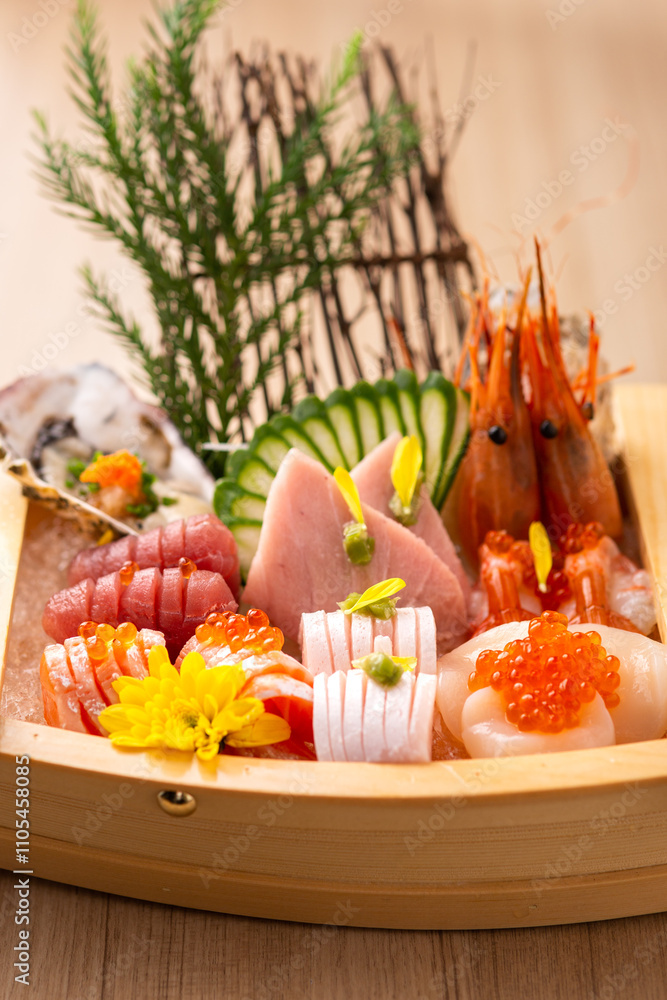 Fresh Sushi Assortment in Wooden Boat Presentation Fresh Sushi Assortment in Wooden Boat Presentation