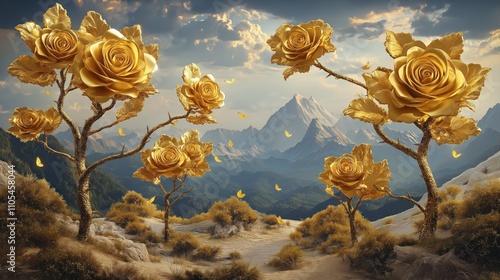 Majestic mountain landscape features golden rose trees. Large golden roses grow like trees in desert landscape. Butterflies flutter around golden rose trees. Nature highlighted in majestic, magical