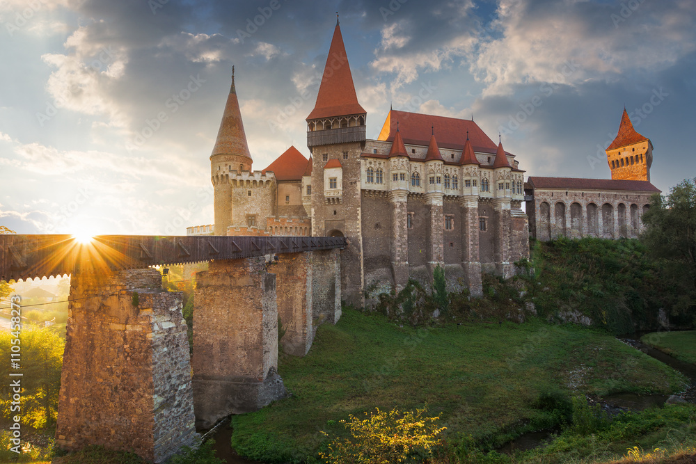 hunedoara, romania - 13 oct, 2019: corvin castle at sunrise. famous travel destination amazing outdoor location