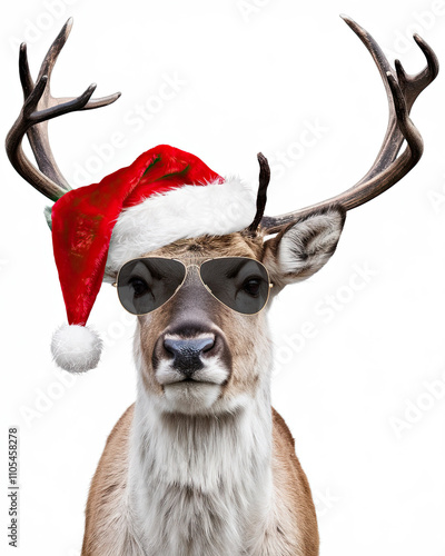 Cool reindeer wearing a Santa hat and sunglasses, isolated on a white background, exuding a fun and playful vibe, perfect for holiday, festive, and humorous themes. photo