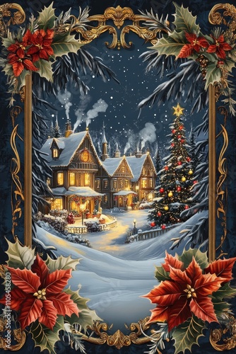 Cozy Victorian style winter scene with snowy cottage surrounded by snowy forest. Vintage style holiday card design