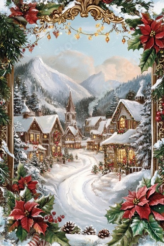Cozy Victorian style winter scene with snowy cottage surrounded by snowy forest. Vintage style holiday card design