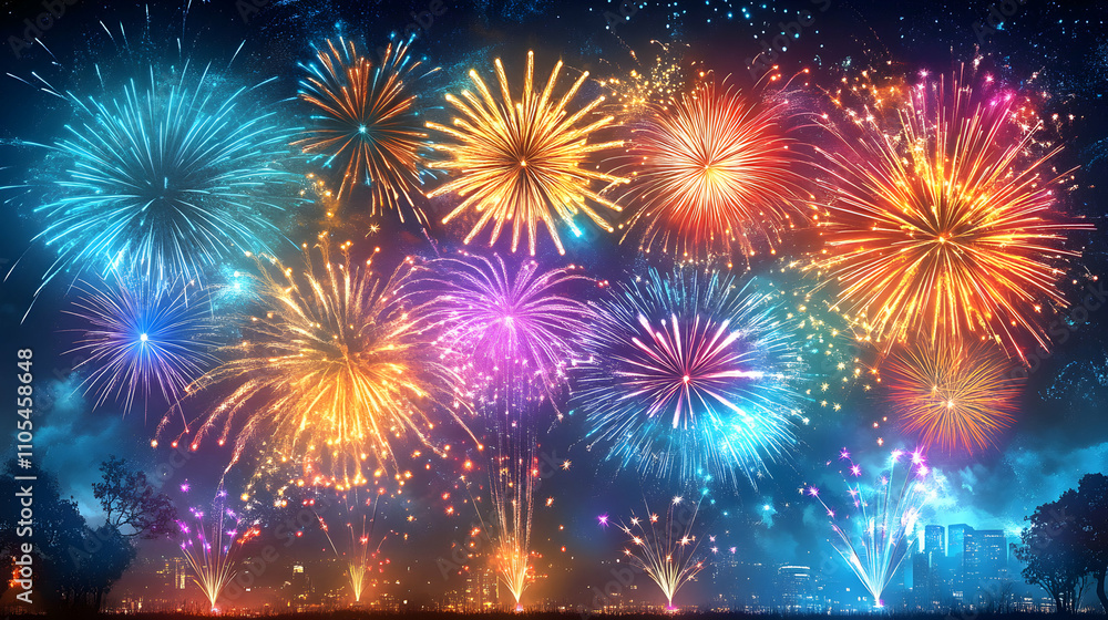 Fototapeta premium Vibrant Fireworks Display Exploding Over City Skyline at Night