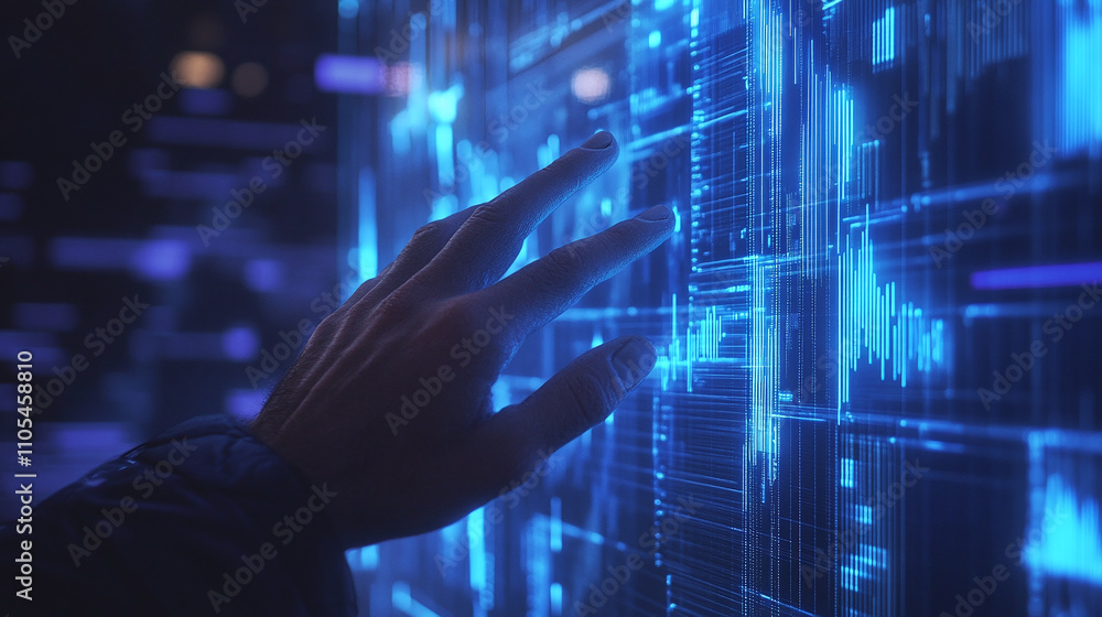 A hand interacting with a glowing blue futuristic holographic interface, ideal for technology, innovation, or digital transformation themes. A hand interacting with a glowing blue futuristic holographic interface, ideal for technology, innovation, or digital transformation themes.