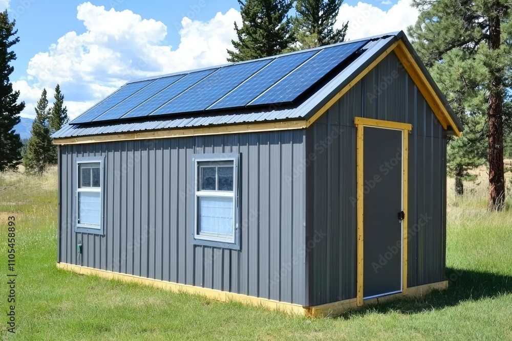 Grey Metal Shed With Solar Panels On Roof Grey Metal Shed With Solar Panels On Roof