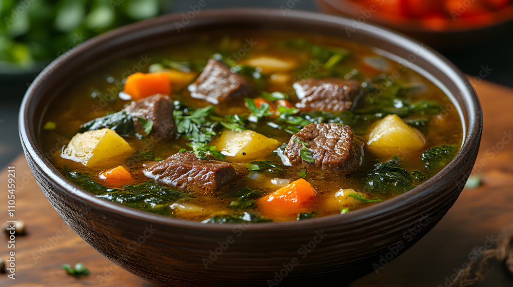 Delicious Beef and Spinach Soup with Clear Broth Served in a Traditional Bowl for a Comforting Meal Delicious Beef and Spinach Soup with Clear Broth Served in a Traditional Bowl for a Comforting Meal