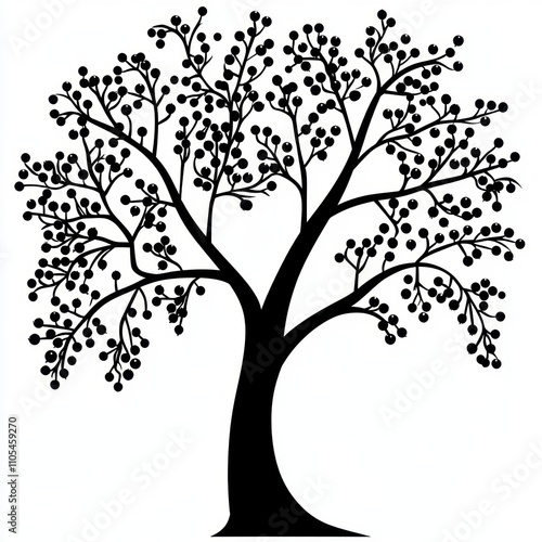 A stylized black silhouette of a tree with branches and berries.