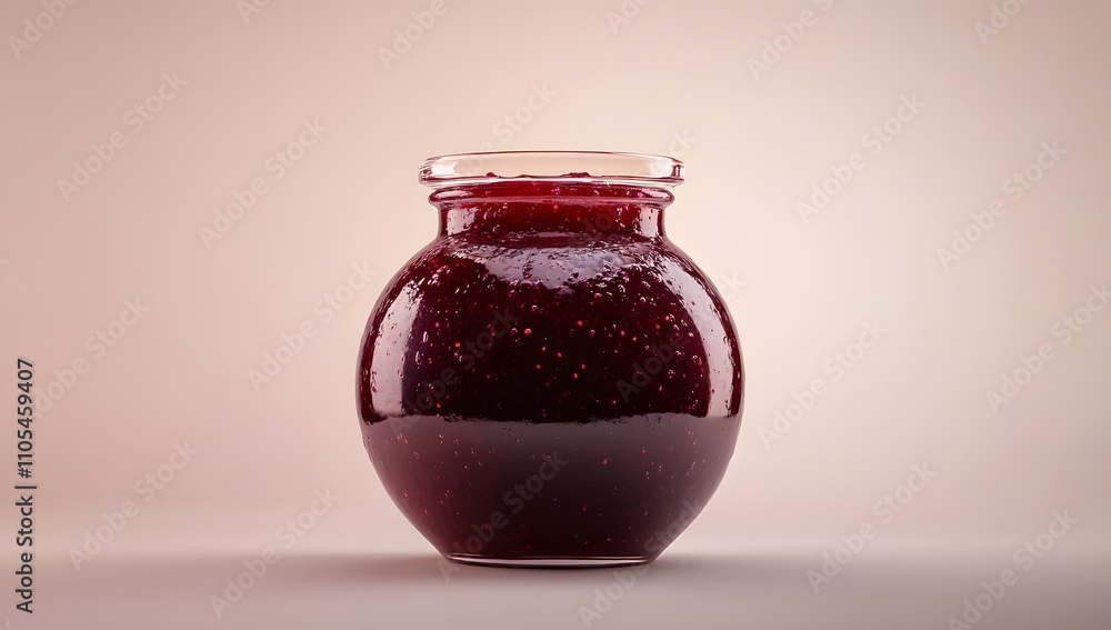 A glass jar filled with homemade berry jam. The rich, dark red color is glossy and inviting. A glass jar filled with homemade berry jam. The rich, dark red color is glossy and inviting.