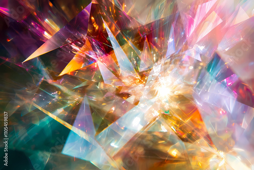 A kaleidoscope of prismatic shards and radiant bursts of light, creating a dynamic and luminous visual effect. 