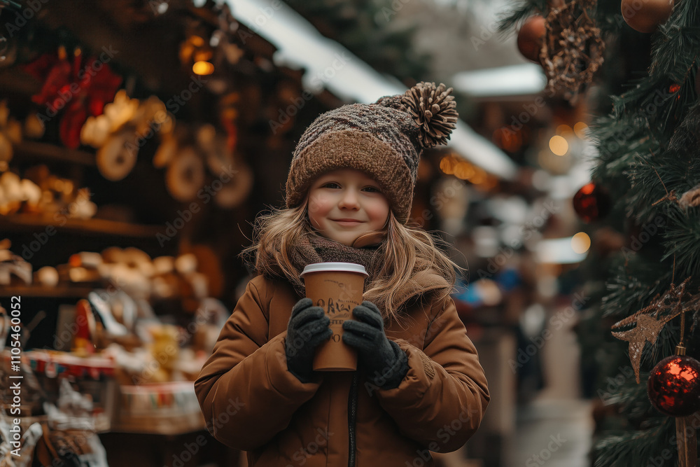 Girl with a hot drink at a Christmas market Girl with a hot drink at a Christmas market