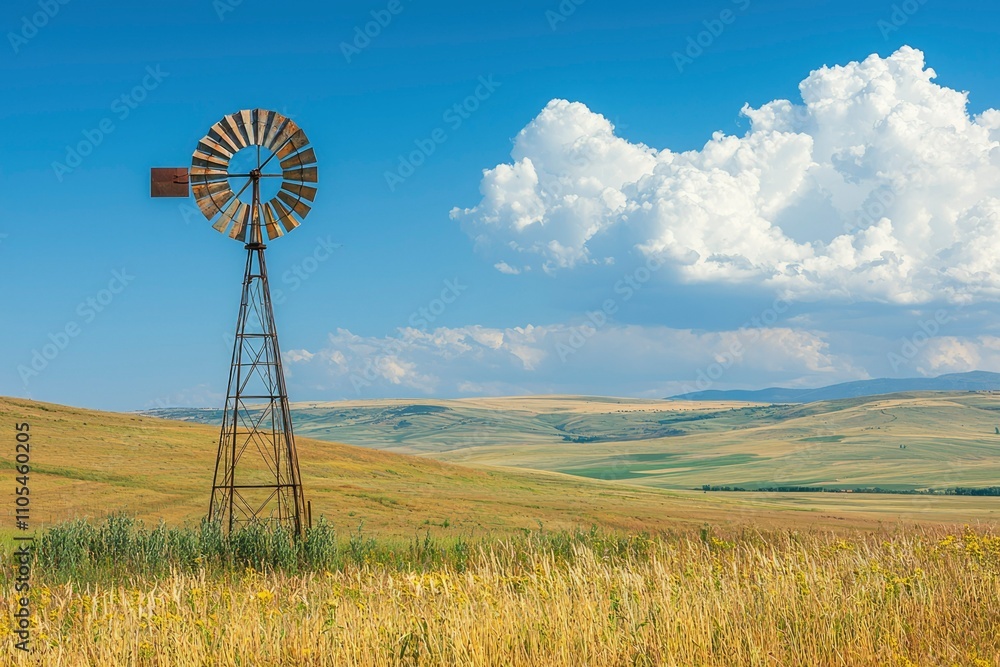 Rusty Windmill Stands Tall In Rolling Prairie Landscape Rusty Windmill Stands Tall In Rolling Prairie Landscape