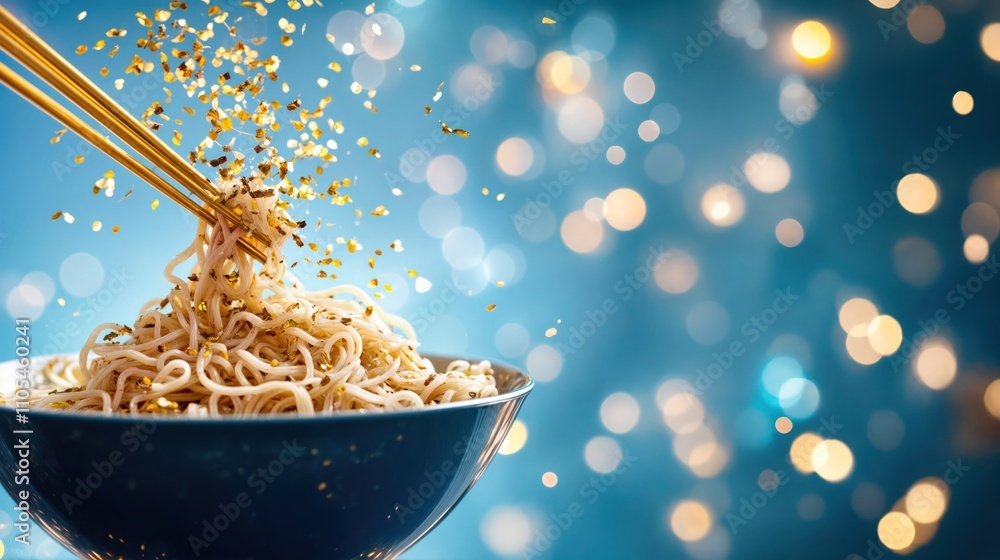 Golden noodles sprinkled with edible glitter held by chopsticks against a blue sparkling festive background.