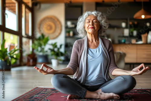 In a spacious and sunlit room filled with greenery, a senior Hispanic woman sits in the lotus position, eyes closed, as she embraces calmness and mindfulness through meditation photo