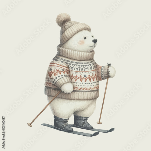 Watercolor vintage white polar clumsy bear in New Year knitted sweater and hat skiing in snow.
