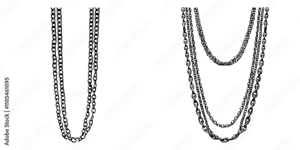metallic silver chains isolated on transparent background, Set of metallic silver chains isolated on transparent background, Set of