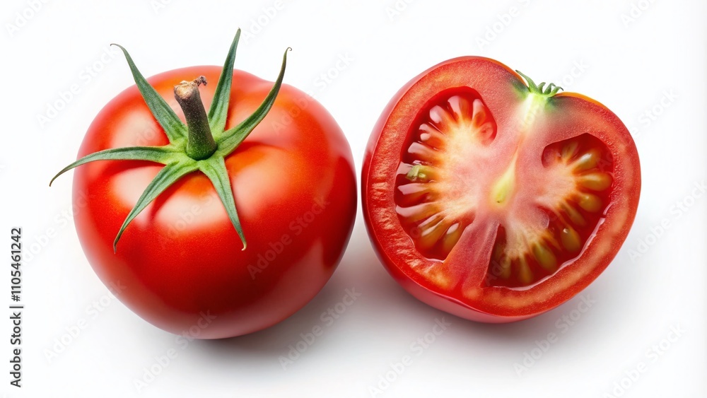 Aerial Photography of Fresh Tomatoes on a Clean Background Featuring One Whole Tomato and a Cut Half for Culinary Use, Healthy Eating, and Recipe Inspiration Aerial Photography of Fresh Tomatoes on a Clean Background Featuring One Whole Tomato and a Cut Half for Culinary Use, Healthy Eating, and Recipe Inspiration