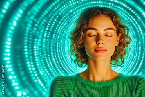 A woman sits quietly with her eyes closed, surrounded by soft glowing spirals symbolising a deep hypnotic state. Generative AI