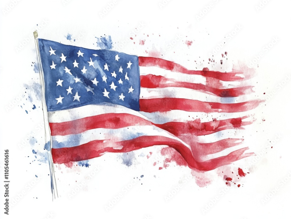 The USA flag flows elegantly, adorned with stars and stripes, showcasing the spirit of patriotism. It stands out against a crisp white background, watercolor illustration The USA flag flows elegantly, adorned with stars and stripes, showcasing the spirit of patriotism. It stands out against a crisp white background, watercolor illustration