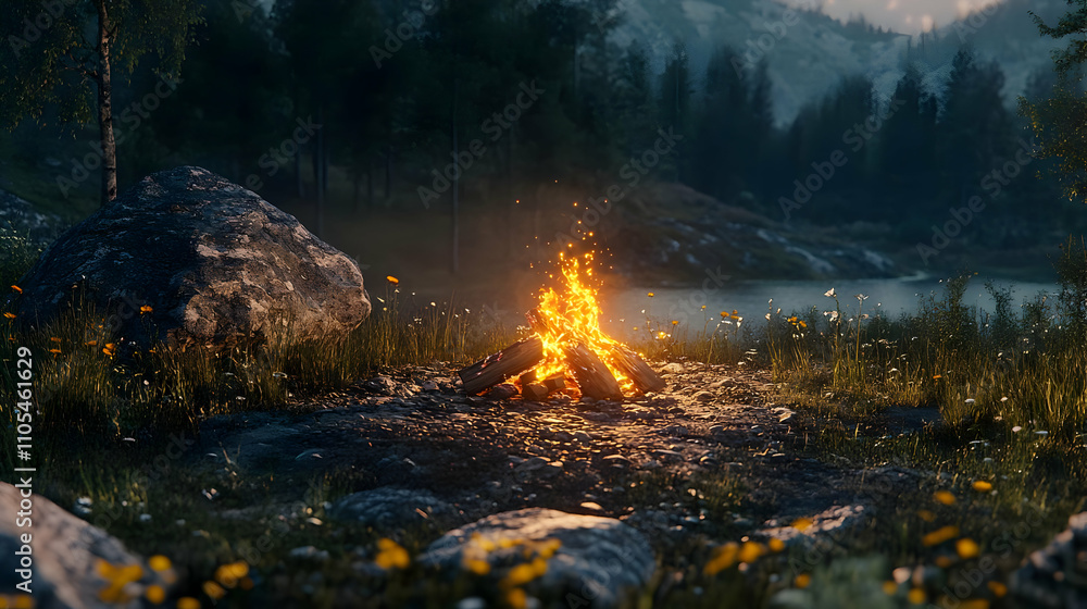 Campfire Night in Mountains 3D Illustration Campfire Night in Mountains 3D Illustration