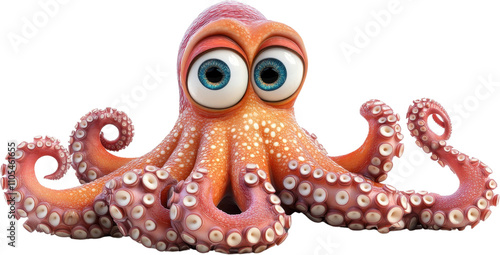 Colorful cartoon octopus with large eyes and playful expression on a transparent background for creative projects photo