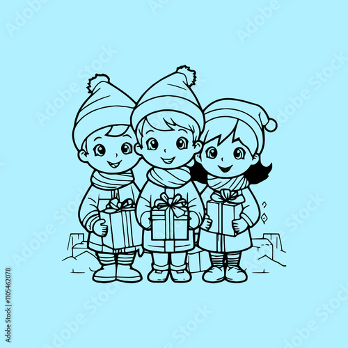 Three children are singing Christmas carols and gift 2