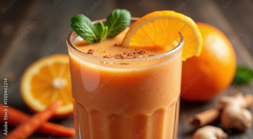 Carrot and orange smoothie with ginger - Delight in a vibrant orange smoothie garnished with fresh mint and orange slices, set against a rustic wooden backdrop, exuding freshness and flavor Carrot and orange smoothie with ginger - Delight in a vibrant orange smoothie garnished with fresh mint and orange slices, set against a rustic wooden backdrop, exuding freshness and flavor
