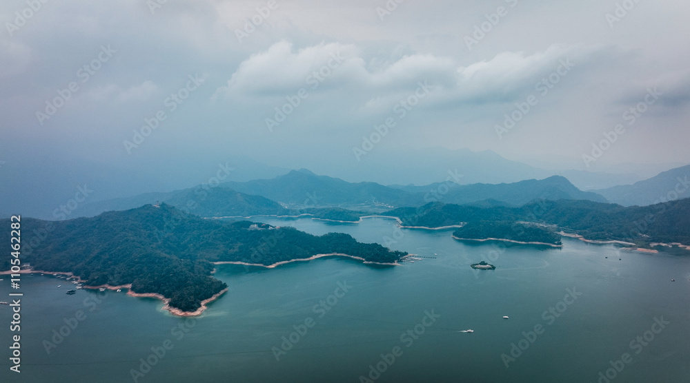 Aerial view of peaceful Sun Moon Lake, encircled by green mountains in Taiwan Aerial view of peaceful Sun Moon Lake, encircled by green mountains in Taiwan