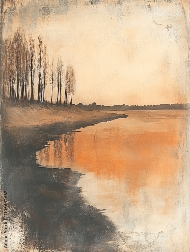 Serene landscape with trees reflecting on a calm water surface. Serene landscape with trees reflecting on a calm water surface.