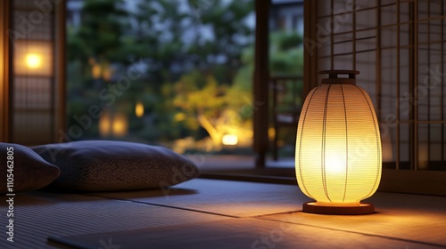 A traditional ryokan inn in Japan, tatami mats and sliding paper doors, warm ambient light from lanterns, serene and quiet garden views, peaceful and culturally rich vacation mood