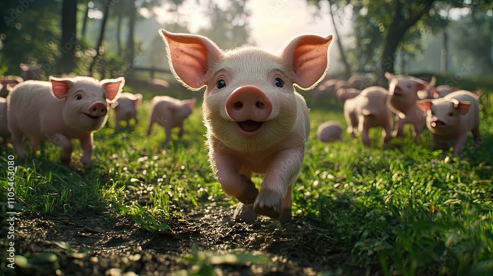 Piglets running around in an open pasture, their small tails wagging in excitement. Piglets running around in an open pasture, their small tails wagging in excitement.