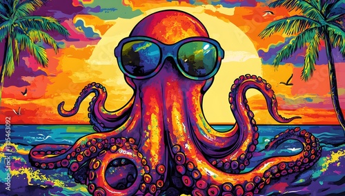 Vibrant octopus enjoying a tropical sunset.  A cool and colorful illustration. photo