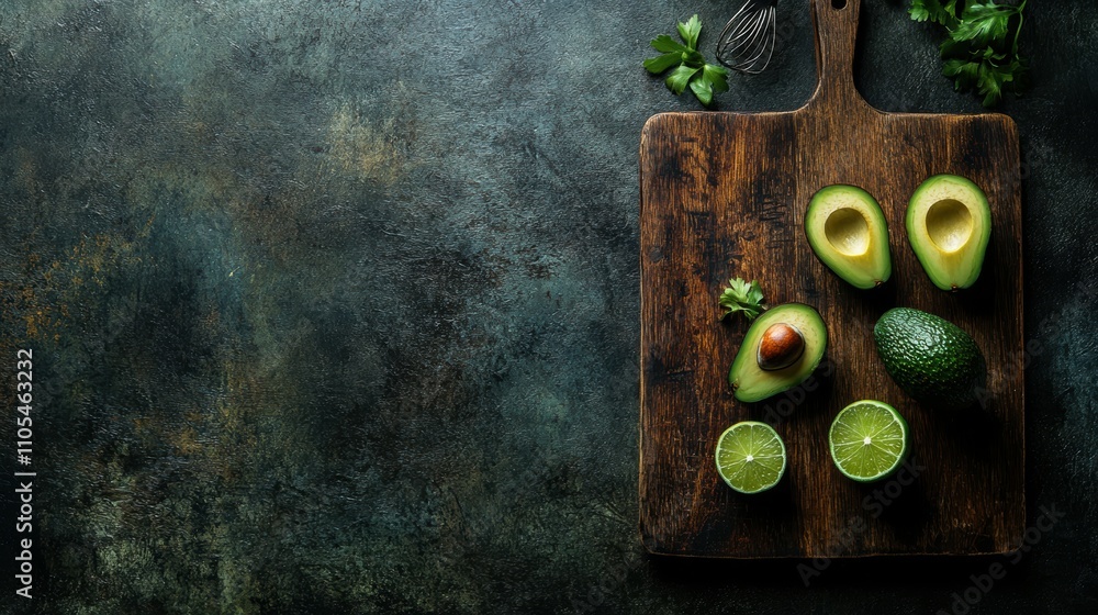 Slicing avocados and limes on a wooden cutting board in a rustic kitchen setting Slicing avocados and limes on a wooden cutting board in a rustic kitchen setting
