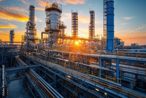 Wallpaper Mural Industrial Oil Refinery at Sunset with Dramatic Sky and Sunlight Illuminating Complex Network of Pipes and Towers Torontodigital.ca