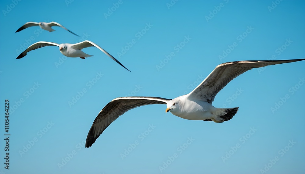 Obraz premium Group of seagulls flying in the blue sky, soaring freely.