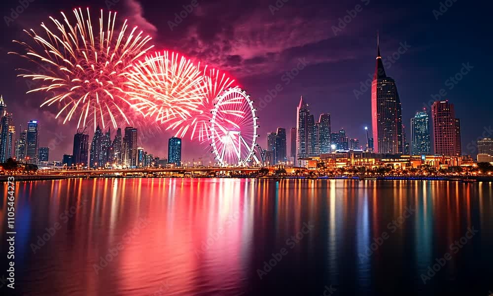 Fireworks illuminate a city skyline with a large Ferris wheel. Fireworks illuminate a city skyline with a large Ferris wheel.