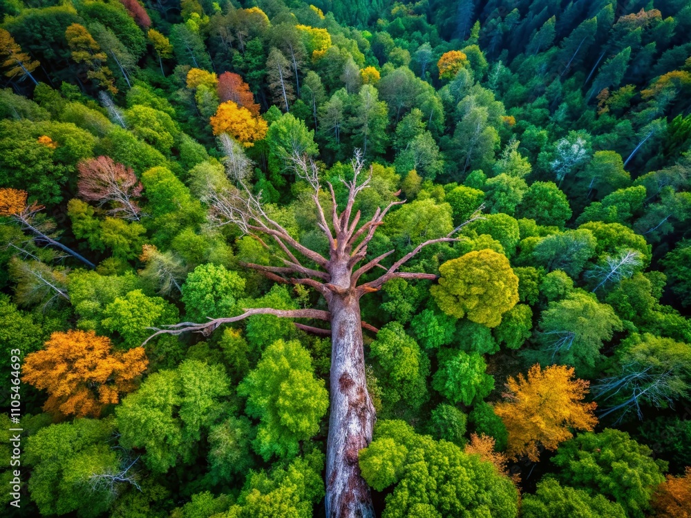 Obraz premium Aerial View of a Decaying Tree in a Dense Woodland, Capturing the Beauty of Nature's Cycle and the Striking Contrast of Life and Decay in an Enchanting Forest Setting