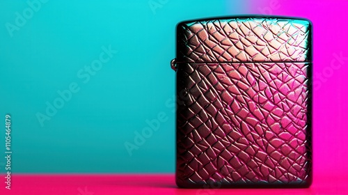 Lighters portable and smoking, A stylish, metallic lighter with a textured pattern, set against a vibrant gradient background of turquoise and pink. photo