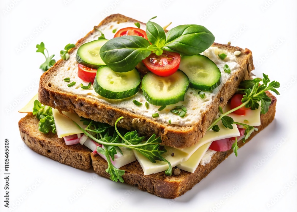 Aerial View of a Delicious Tofu Sandwich with Fresh Herbs on Whole-Grain Bread Isolated on a Clean White Background for Culinary Inspiration and Healthy Eating Concepts Aerial View of a Delicious Tofu Sandwich with Fresh Herbs on Whole-Grain Bread Isolated on a Clean White Background for Culinary Inspiration and Healthy Eating Concepts