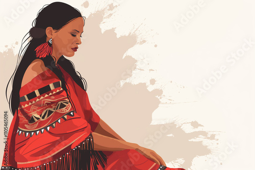 Illustration of an Indigenous woman dressed in a striking red dress. Red dress day concept