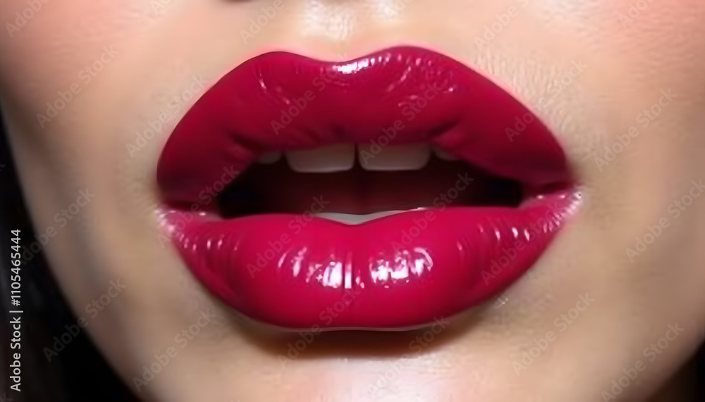 Lips painted with bright, shiny, hot-purple lipstick. Lips painted with bright, shiny, hot-purple lipstick.