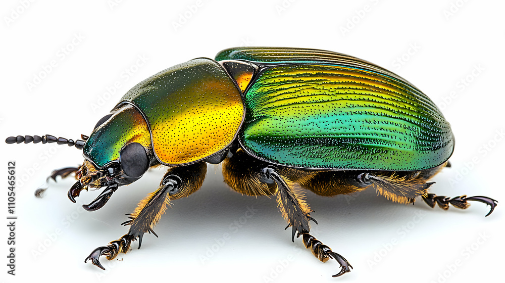 Fototapeta premium Close-up of a Vibrant Green and Gold Beetle, a Detailed Macro Photograph on White Background Showing Intricate Body Structure and Texture.