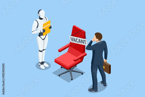 Isometric hiring and recruitment robots are selected for a job over a human candidate. Digital job interviews where artificial intelligence outshines traditional applicants.