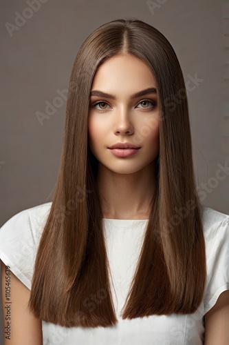 Beautiful model girl with shiny brown and straight long hair . Keratin straightening . Treatment, care and spa procedures. Smoot  photo