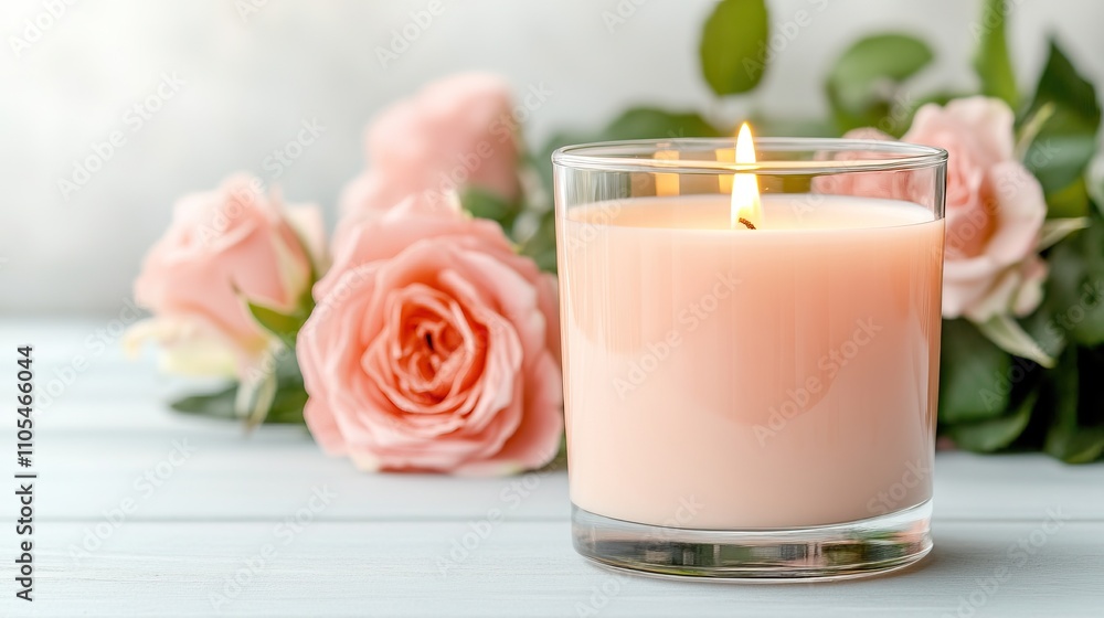 A soft pink candle glows beside delicate pink roses, creating a serene and romantic atmosphere. A soft pink candle glows beside delicate pink roses, creating a serene and romantic atmosphere.