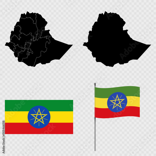 Set of maps, flag and flagpole of Ethiopia. Vector illustration.