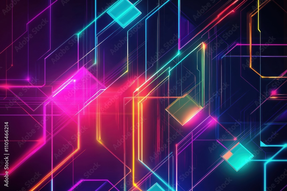 Abstract tech shapes with glowing vibrant colorful lines create futuristic design. Dynamic glowing lines form complex interconnected shapes. Generative AI tech produced visual. Image conveys Abstract tech shapes with glowing vibrant colorful lines create futuristic design. Dynamic glowing lines form complex interconnected shapes. Generative AI tech produced visual. Image conveys