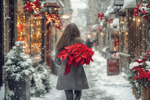 Festive winter stroll: Woman in boots and coat with poinsettias on a snowy street photo