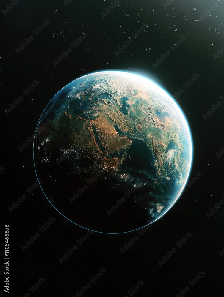 Naklejka premium Close up of the Earth in space. The planet is a dark blue color with a white spot in the middle
